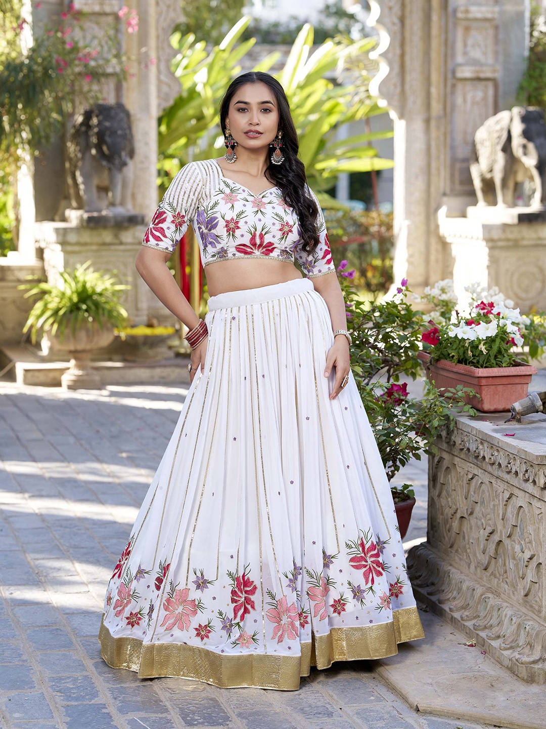 

LOOKNBOOK ART Printed Ready to Wear Lehenga & Unstitched Blouse With Dupatta, White