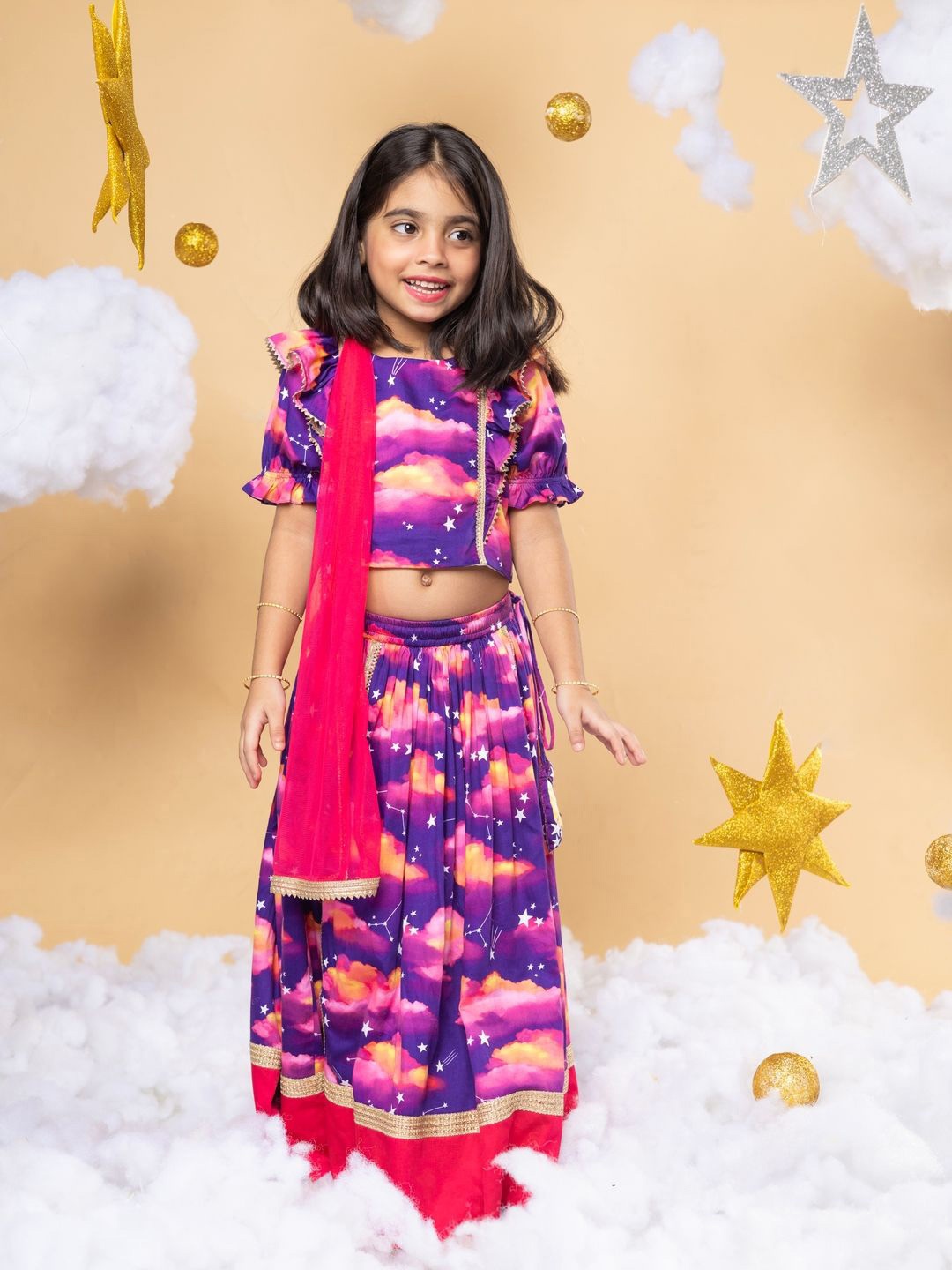 

Little Shiro Girls Printed Ready to Wear Lehenga & Blouse With Dupatta, Purple