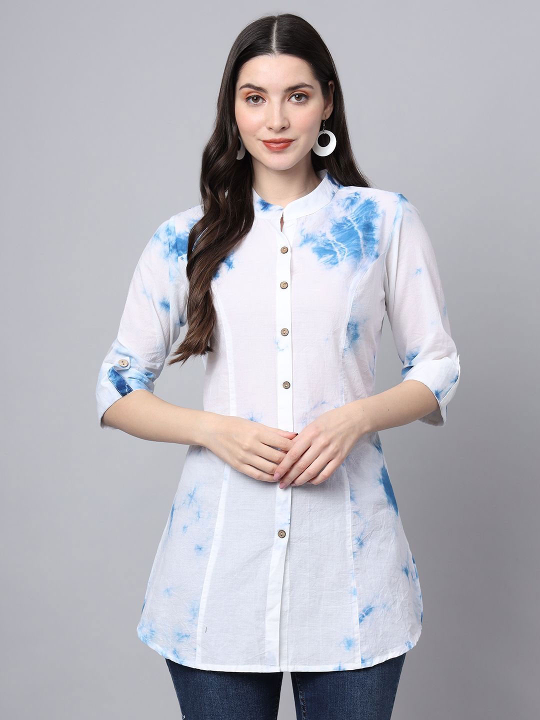 

BAESD Women Floral Printed Mandarin Collar Roll-Up Sleeves Cotton Top, White