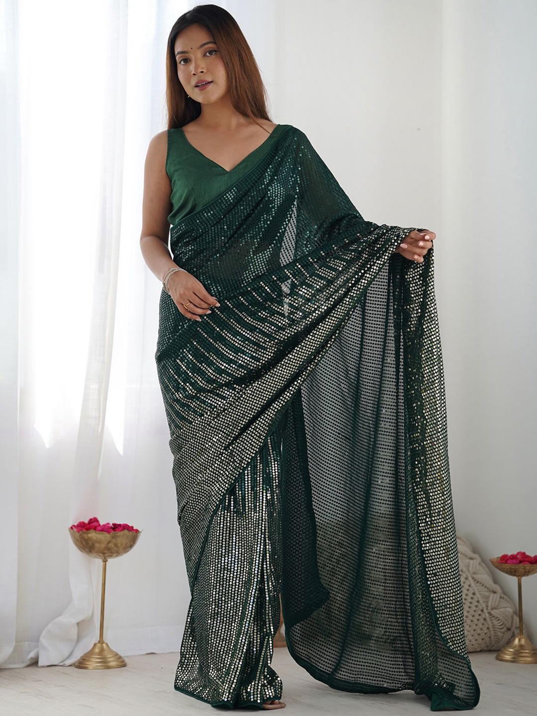 

Mitera Sequinned Embellished Saree, Green