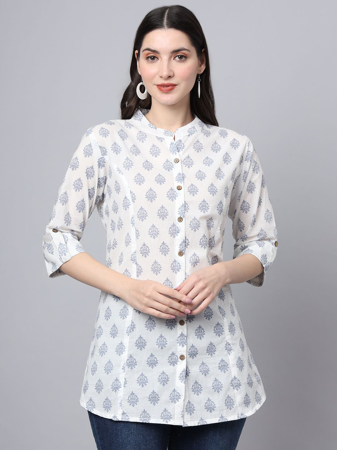 

BAESD Women Floral Print Mandarin Collar Roll-Up Sleeves Cotton Shirt Style Top, White