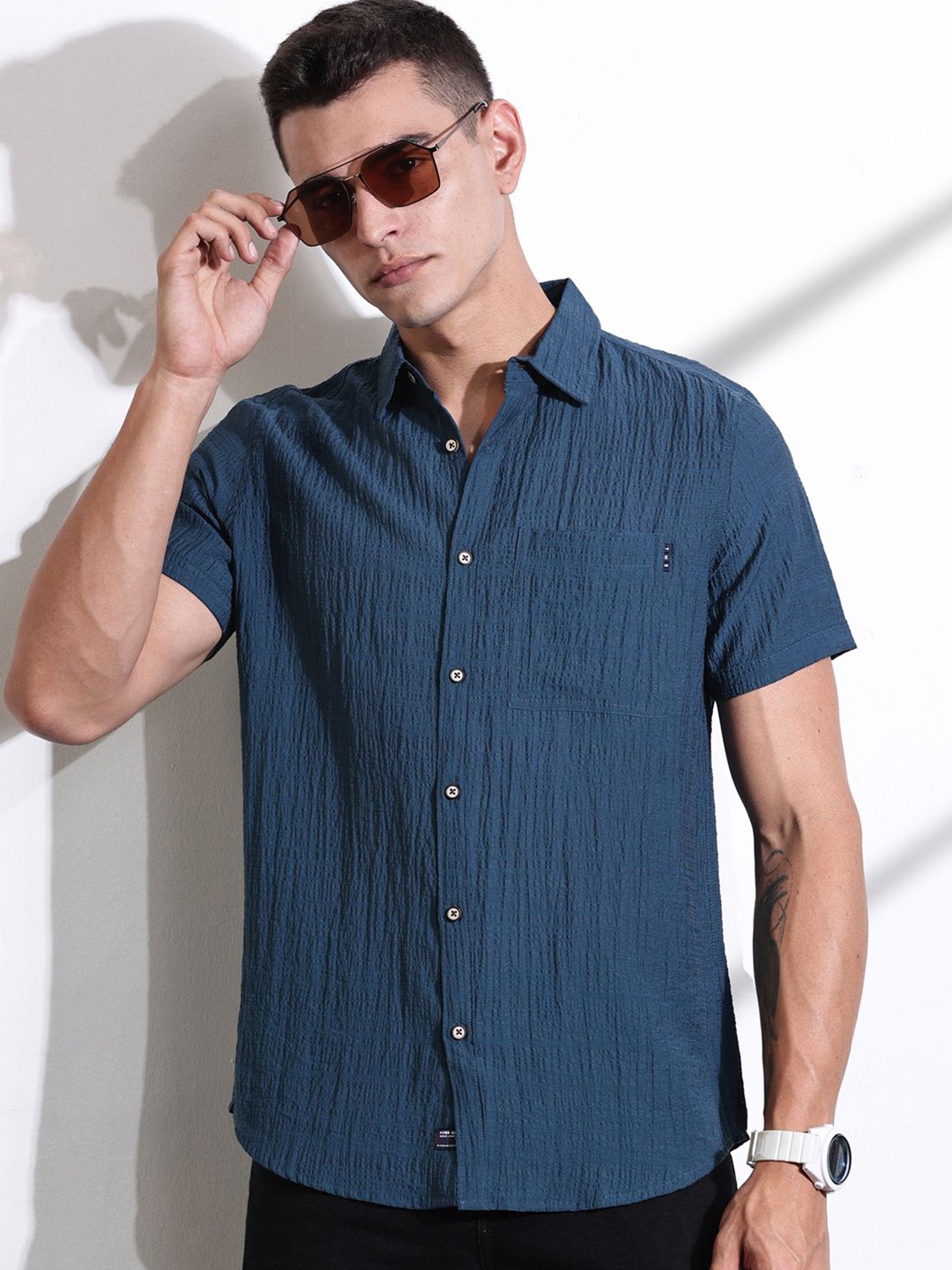 

Thomas Scott Men Smart Slim Fit Spread Collar Textured Casual Shirt, Navy blue