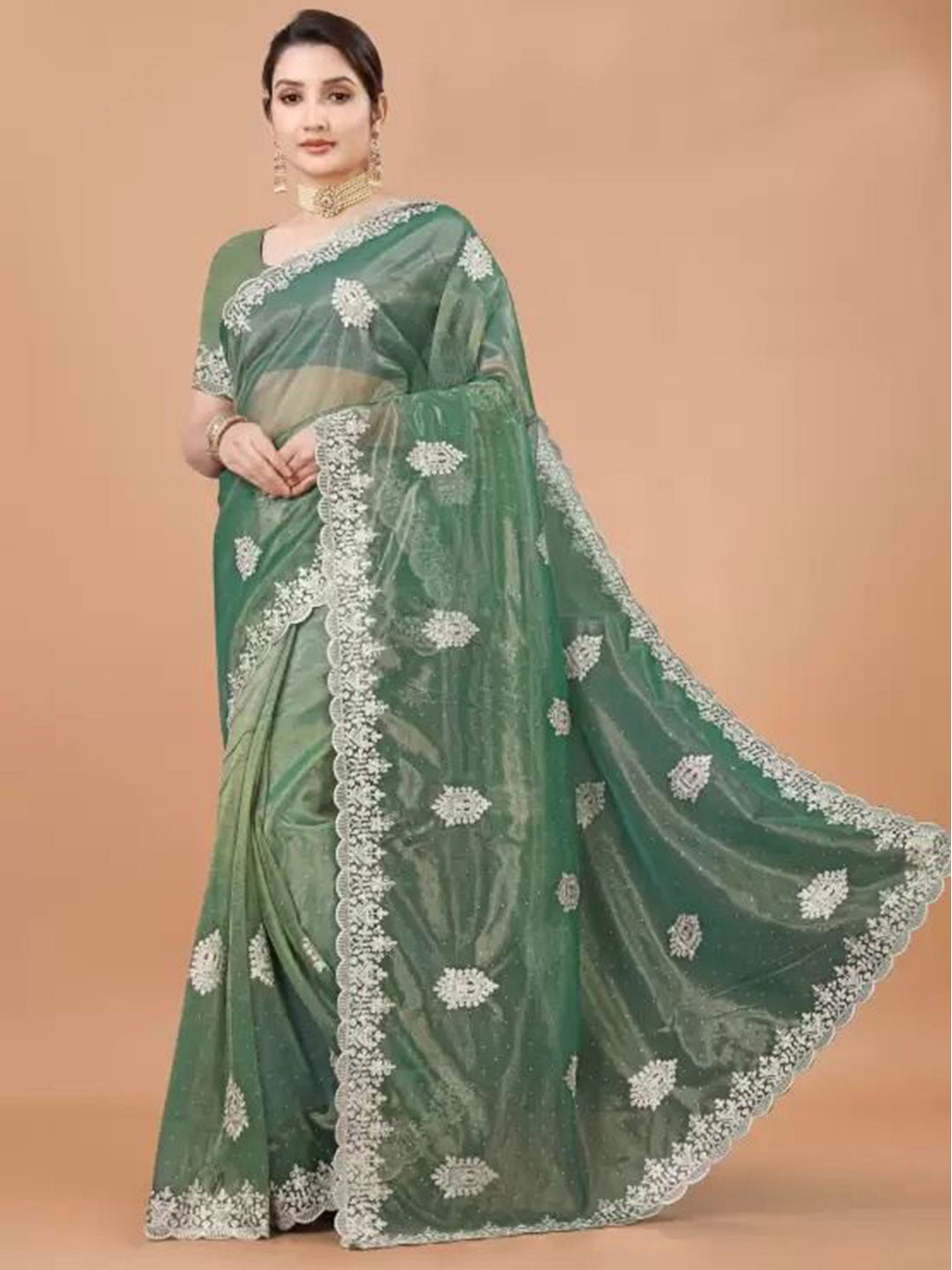 

Florence Embellished Embroidered Net Designer Saree, Olive