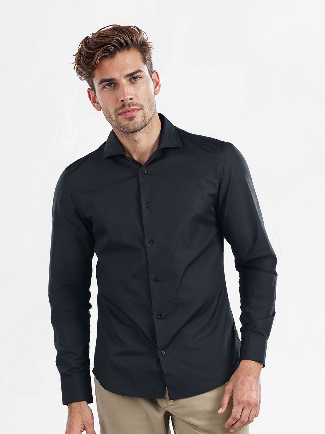 

Celio Men Classic Fit Spread Collar Solid Cotton Casual Shirt, Black