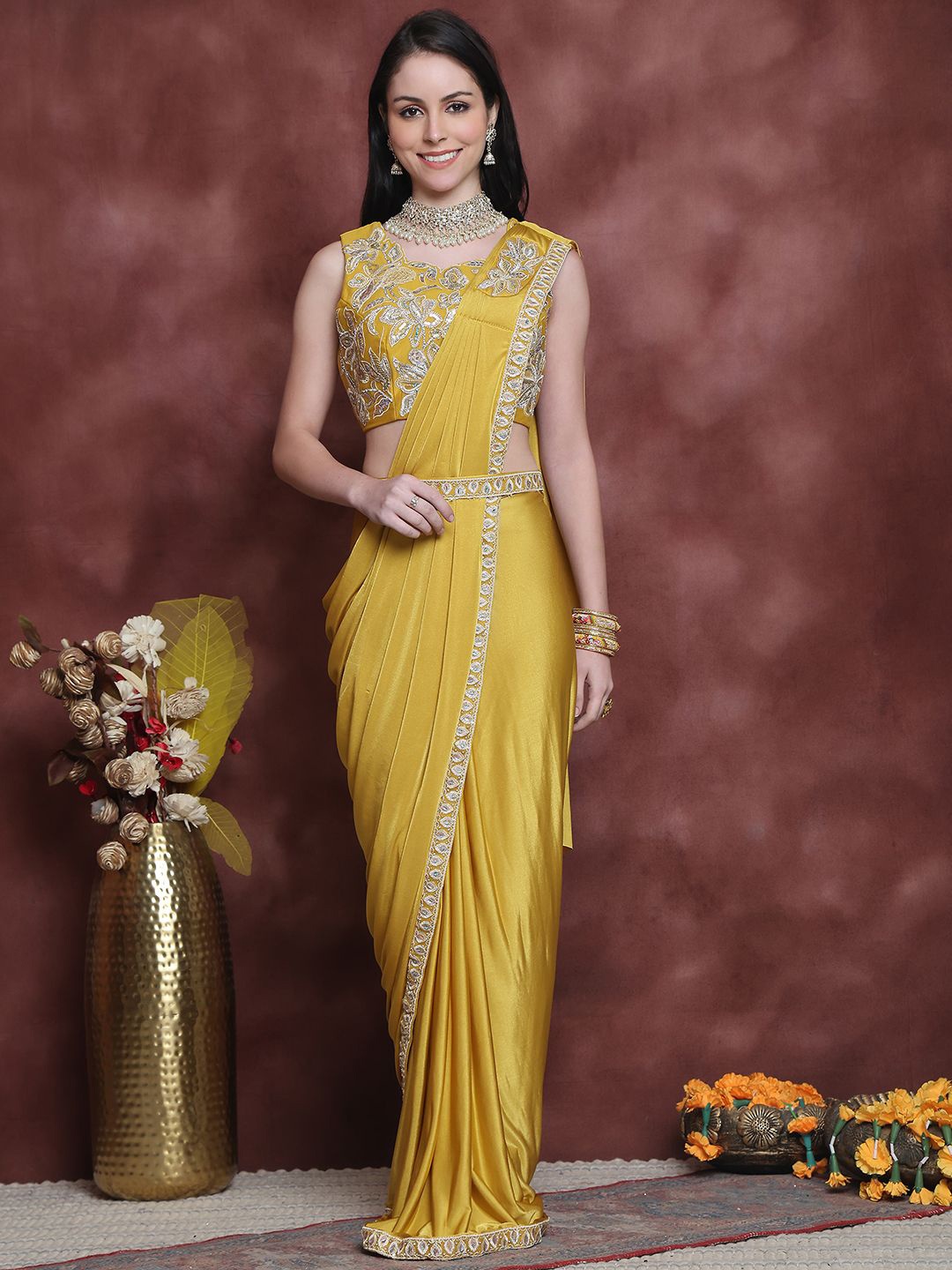 

Grancy Beads and Stones Ready to Wear Saree, Yellow