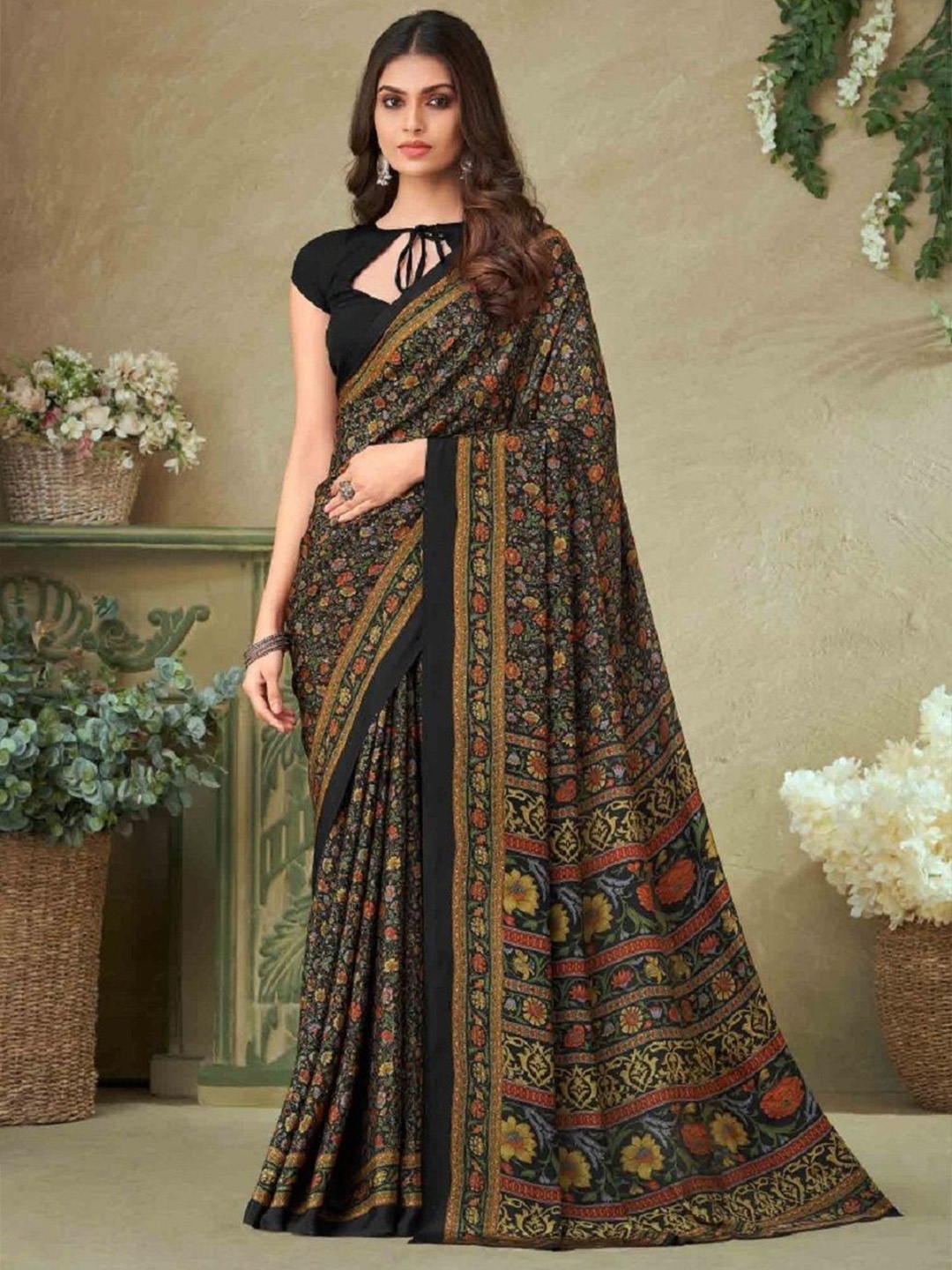 

DURGA EMPORIO Floral Pure Crepe Saree, Black