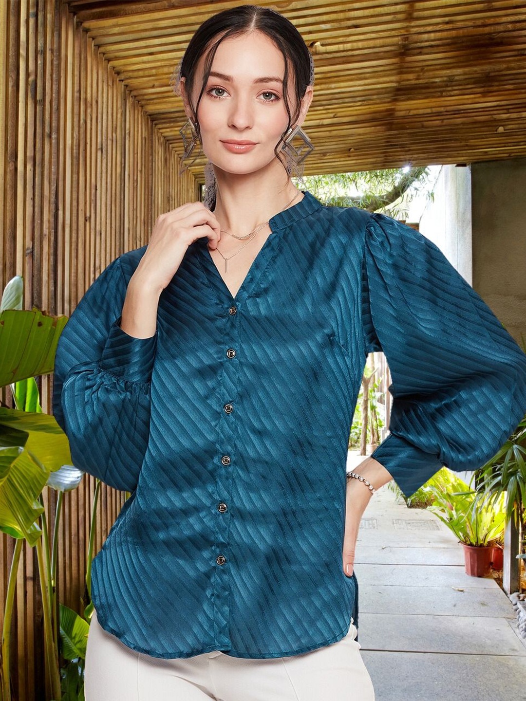 

DressBerry Women Classic Fit Mandarin Collar Vertical Striped Satin Casual Shirt, Teal