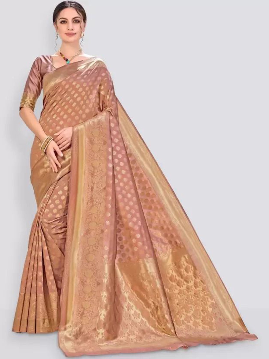 

Florence Woven Design Pure Silk Fusion Saree, Peach