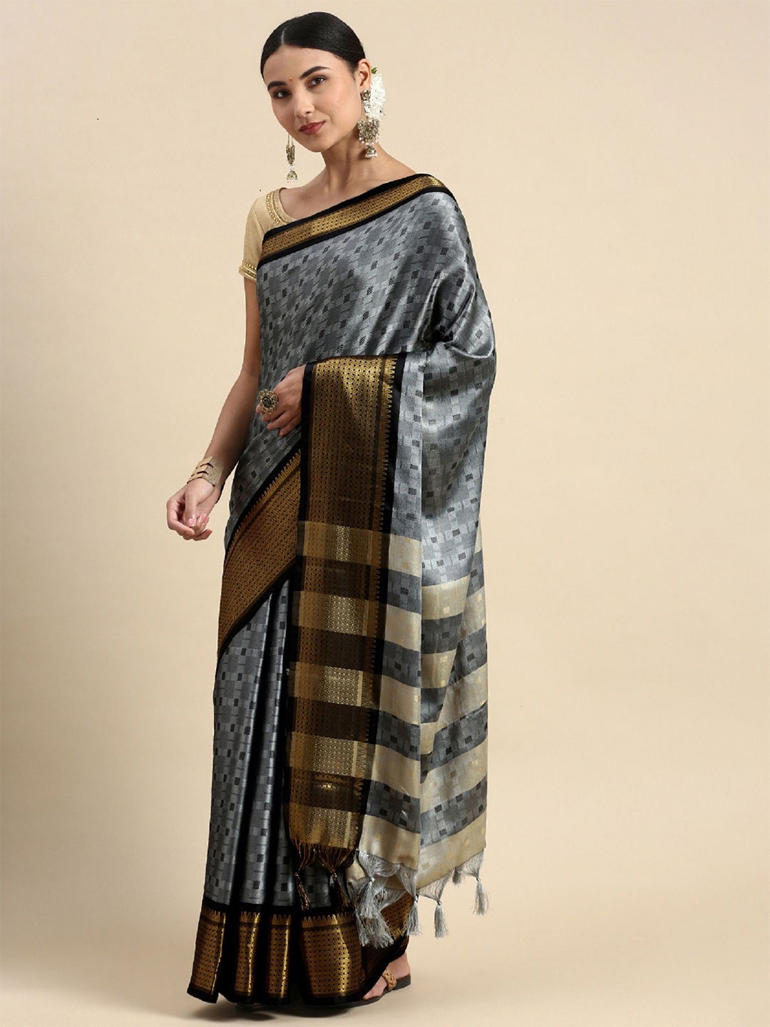 

A TO Z CART Geometric Printed Woven Design Zari Saree, Grey