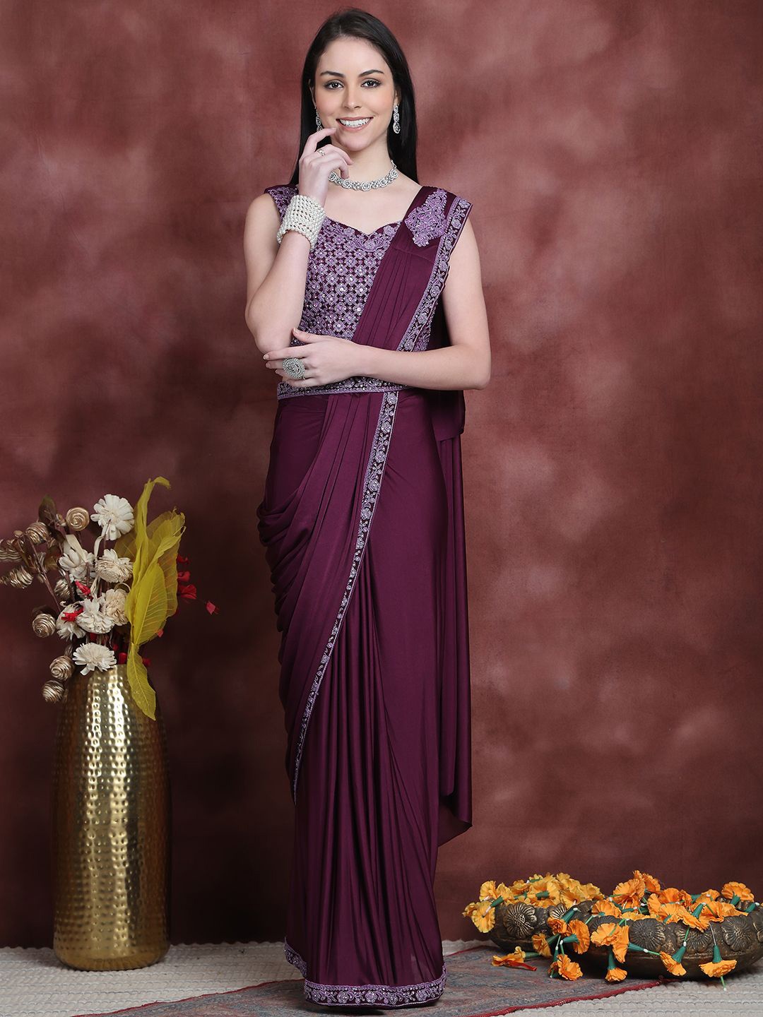 

Grancy Beads and Stones Ready to Wear Leheriya Saree, Purple
