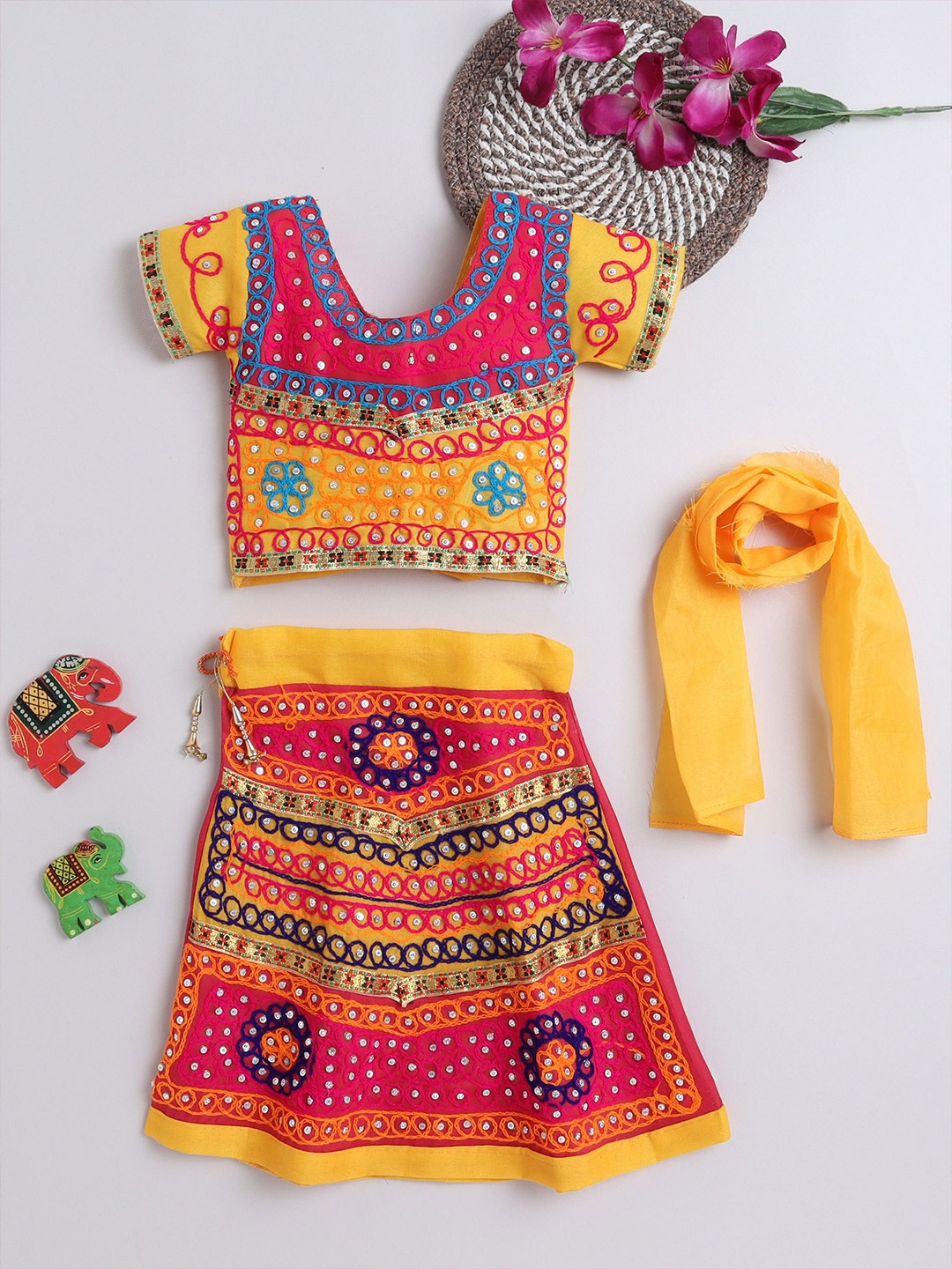 

BAESD Girls Embroidered Mirror Work Ready to Wear Lehenga & Blouse With Dupatta, Yellow