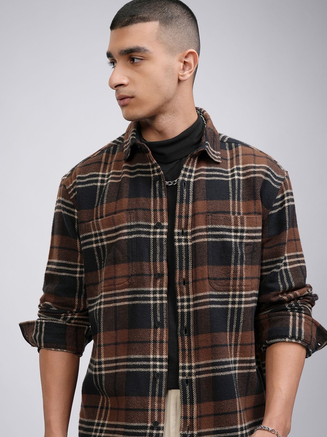 

HIGHLANDER Men Flannel Check Relaxed Casual Shirt, Brown