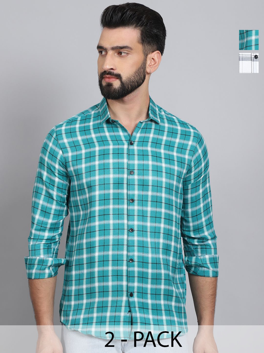 

Tanip Men Pack Of 2 Spread Collar Tartan Checked Cotton Casual Shirts, Sea green