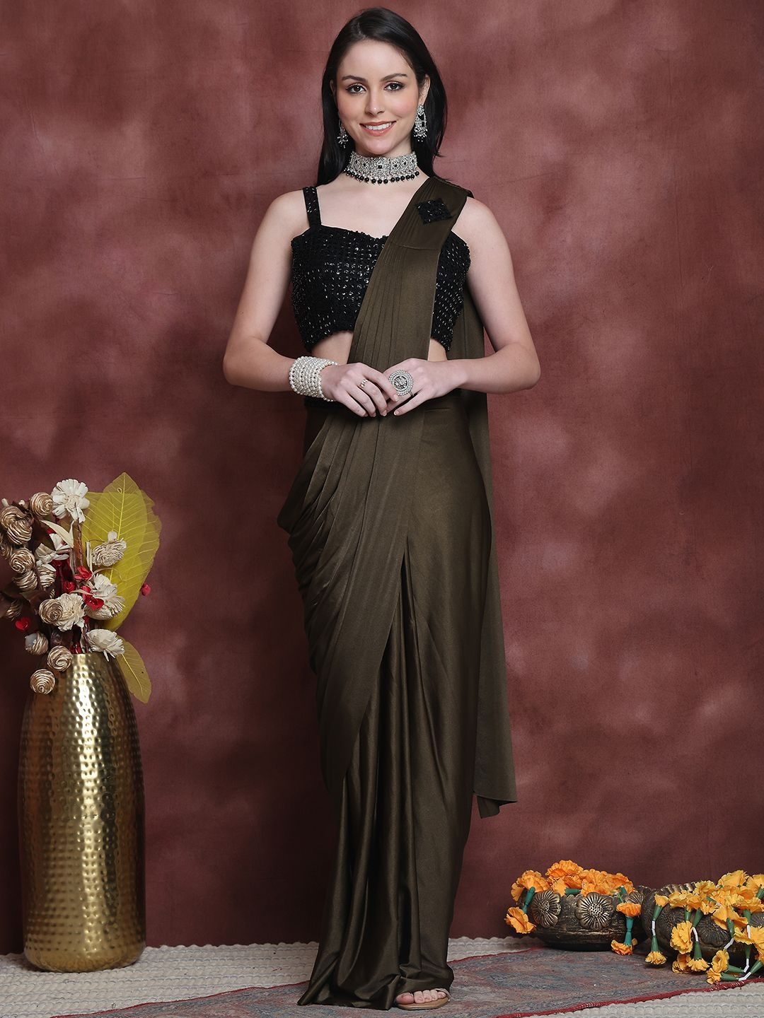 

Grancy Ready to Wear Leheriya Saree, Olive