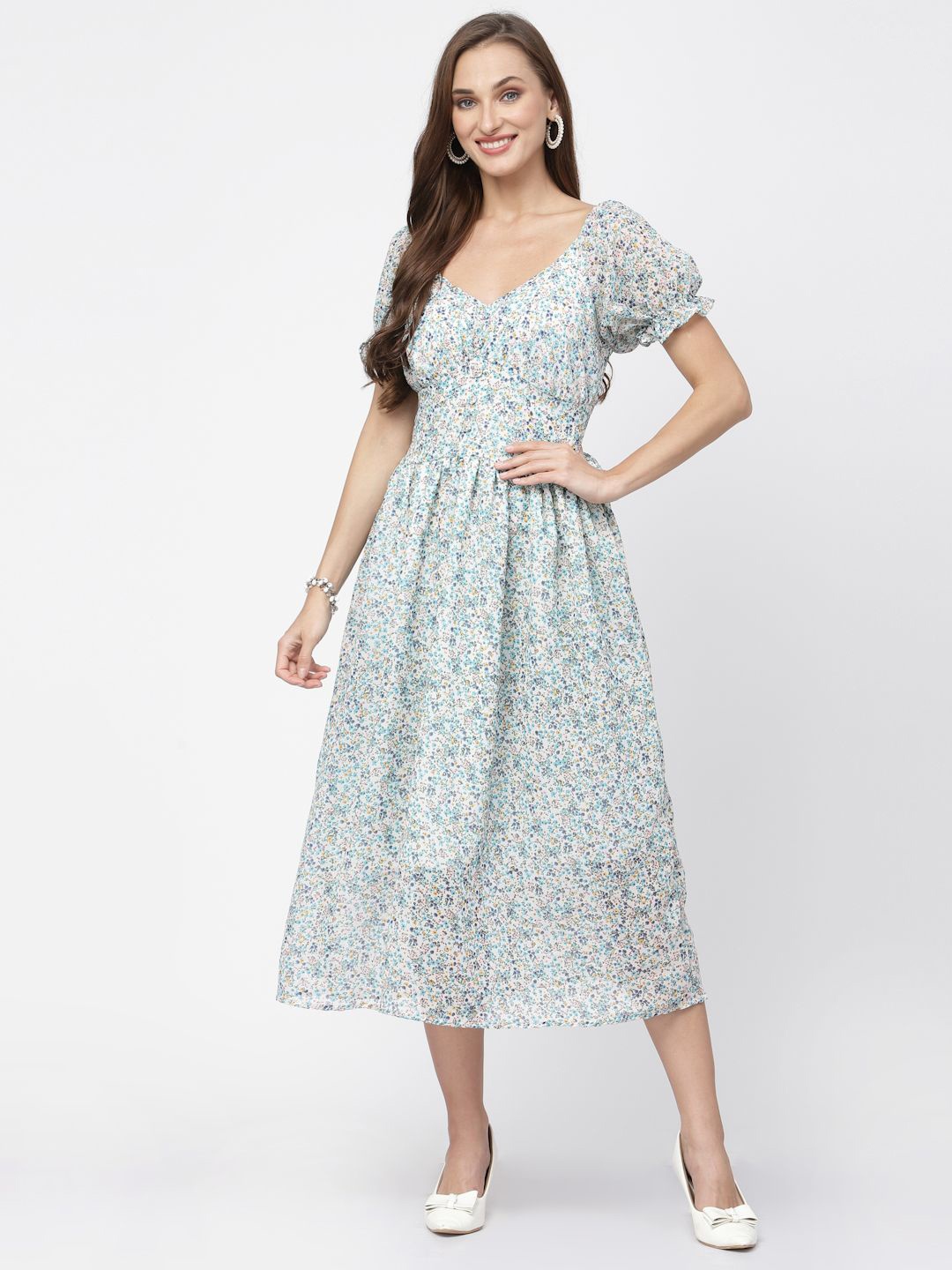 

DELIS Floral Printed Puff Sleeve Fit & Flare Midi Dress, Blue