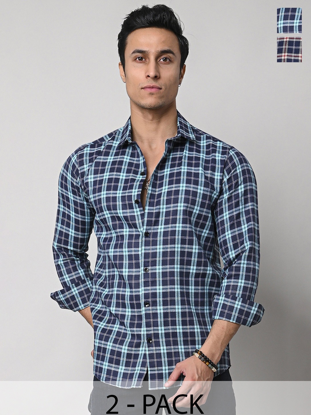 

Tanip Men Pack Of 2 Spread Collar Tartan Checked Cotton Casual Shirts, Green