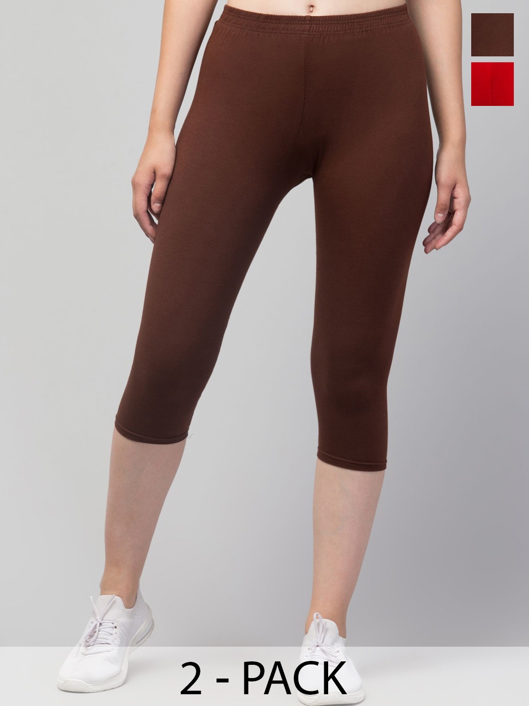 

ULLAS Women Pack of 2 Skinny Fit Mid-Rise Capris, Brown