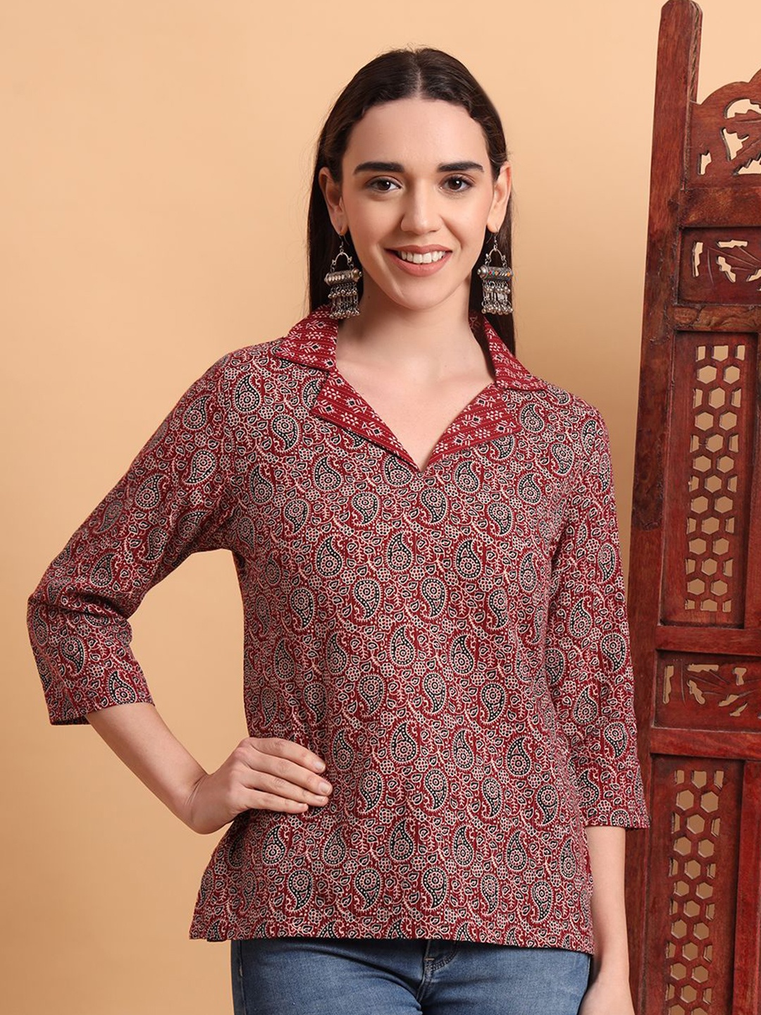 

Anouk Rustic Women Paisley Printed Shirt Collar Pure Cotton Kurti, Maroon