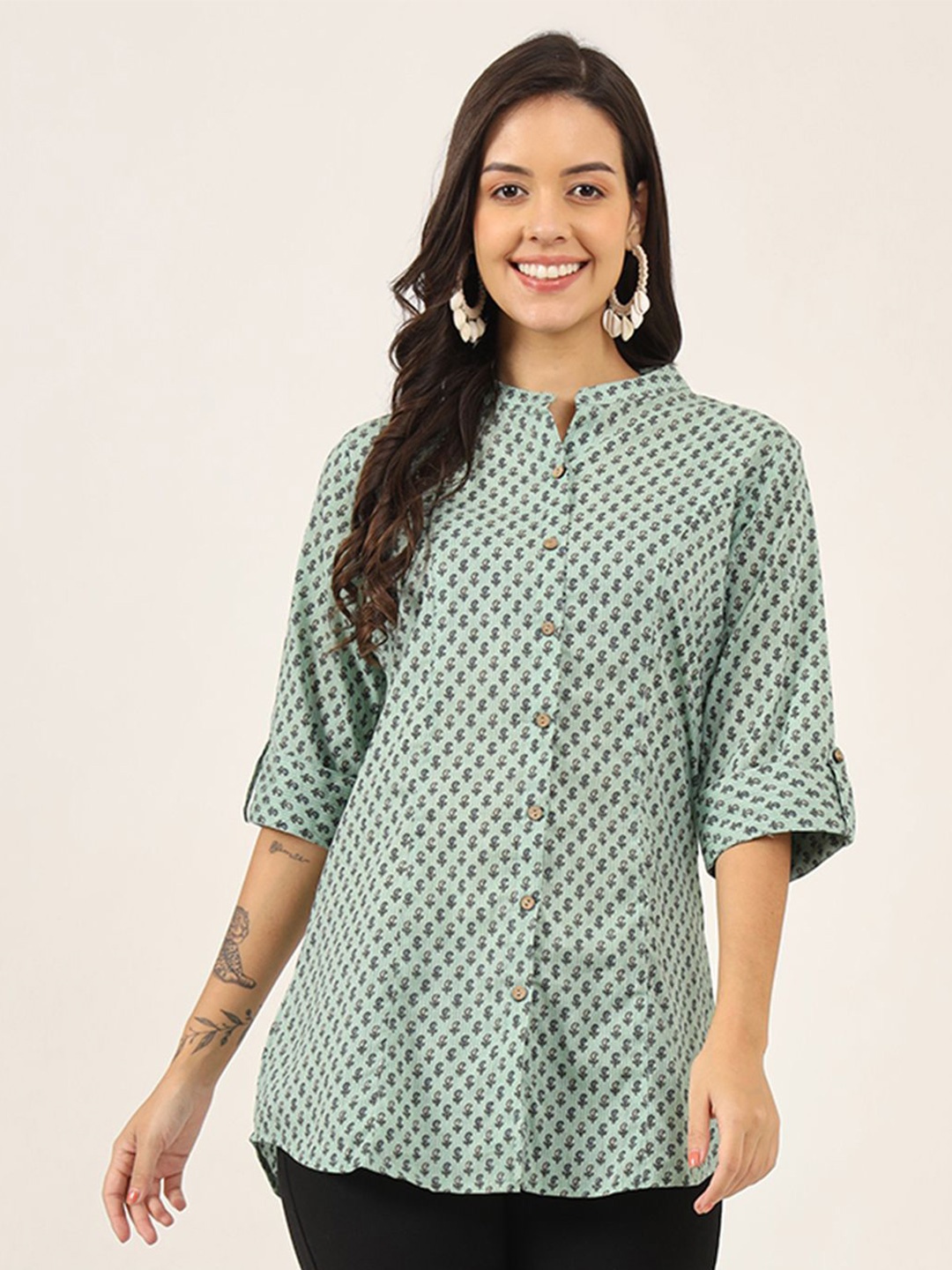 

BAESD Women Floral Printed Mandarin Collar Cotton Top, Green
