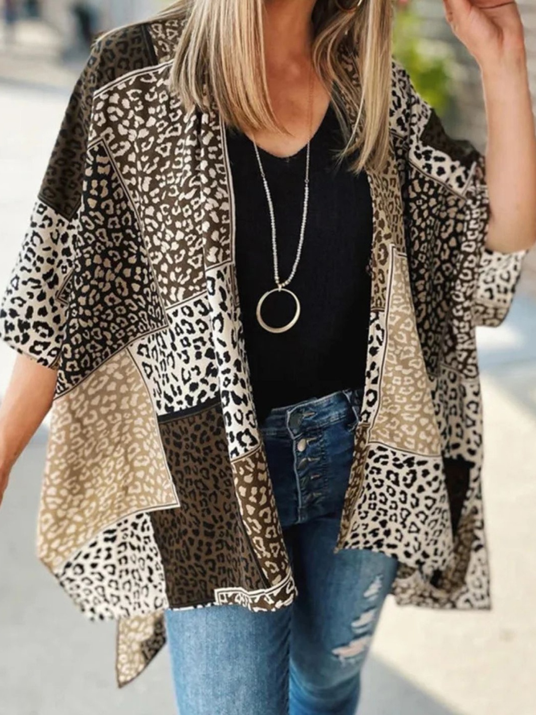 

ANGEL CROSHET Leopard Colourblocked Open Front Kimono, Brown