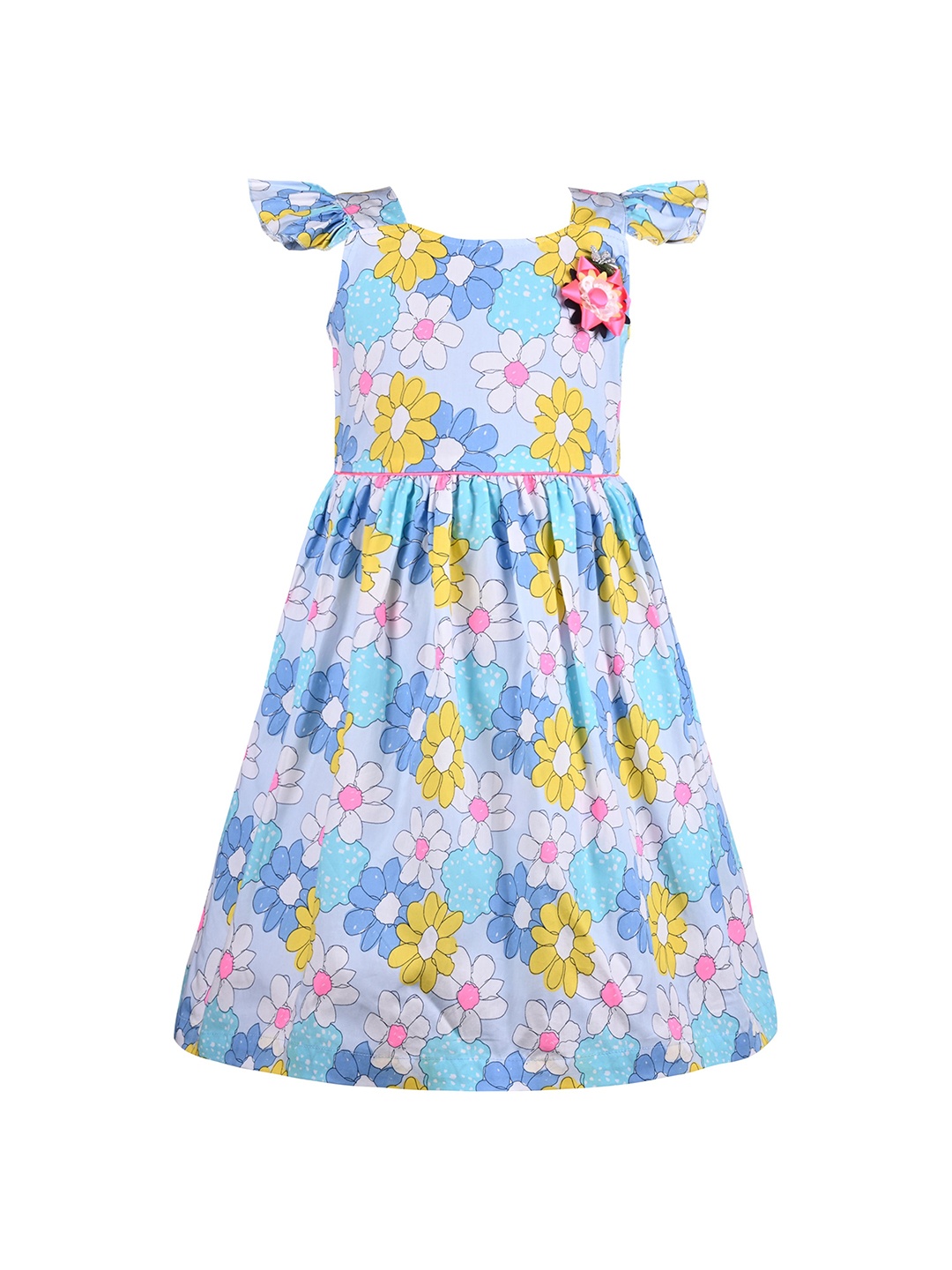 

Wish Karo Floral Print Flutter Sleeve Satin A-Line Dress, Blue