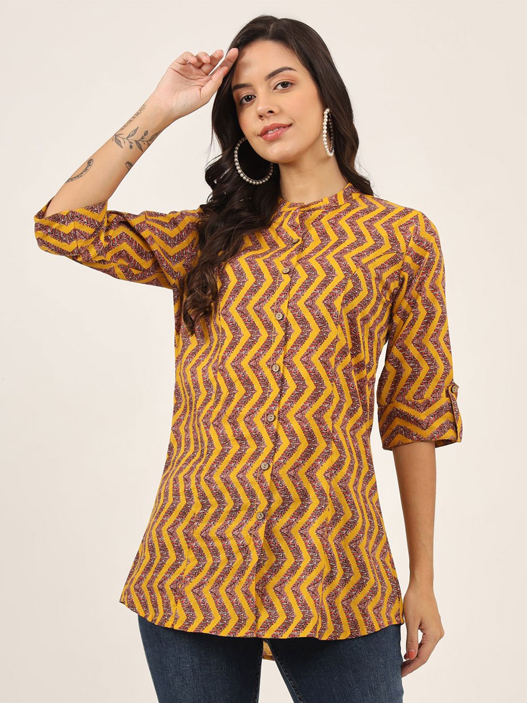 

BAESD Striped Mandarin Collar Roll-Up Sleeves Cotton Shirt Style Top, Mustard