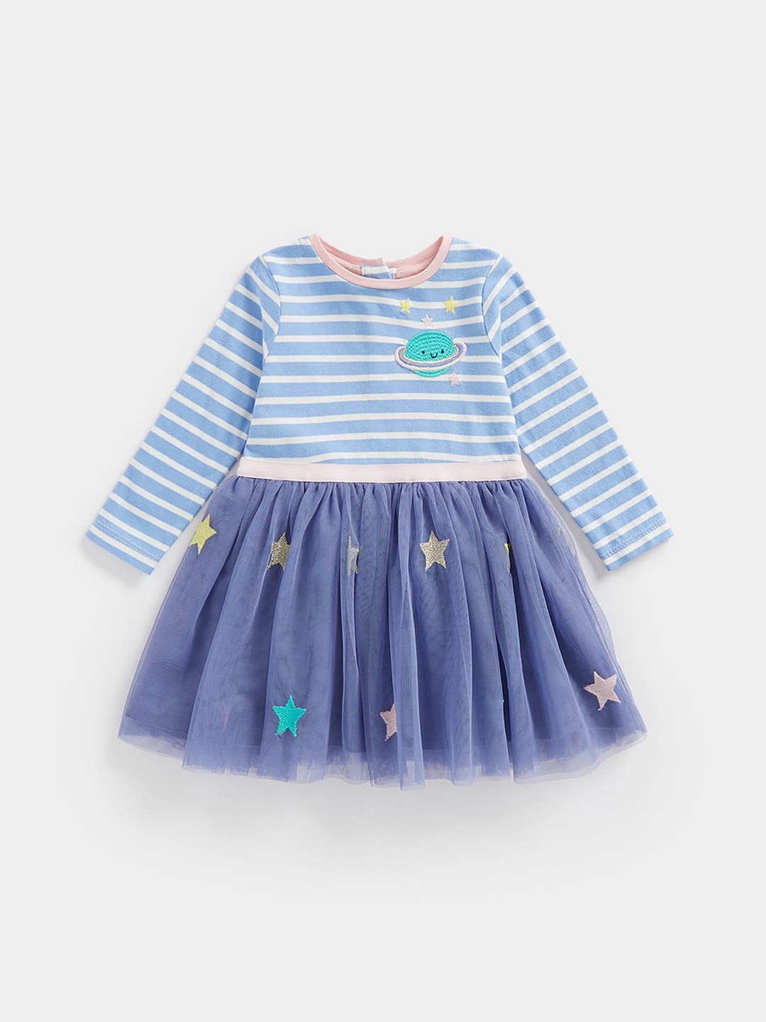 

mothercare Striped Round Neck Long Sleeves Fit and Flare Dress, Blue