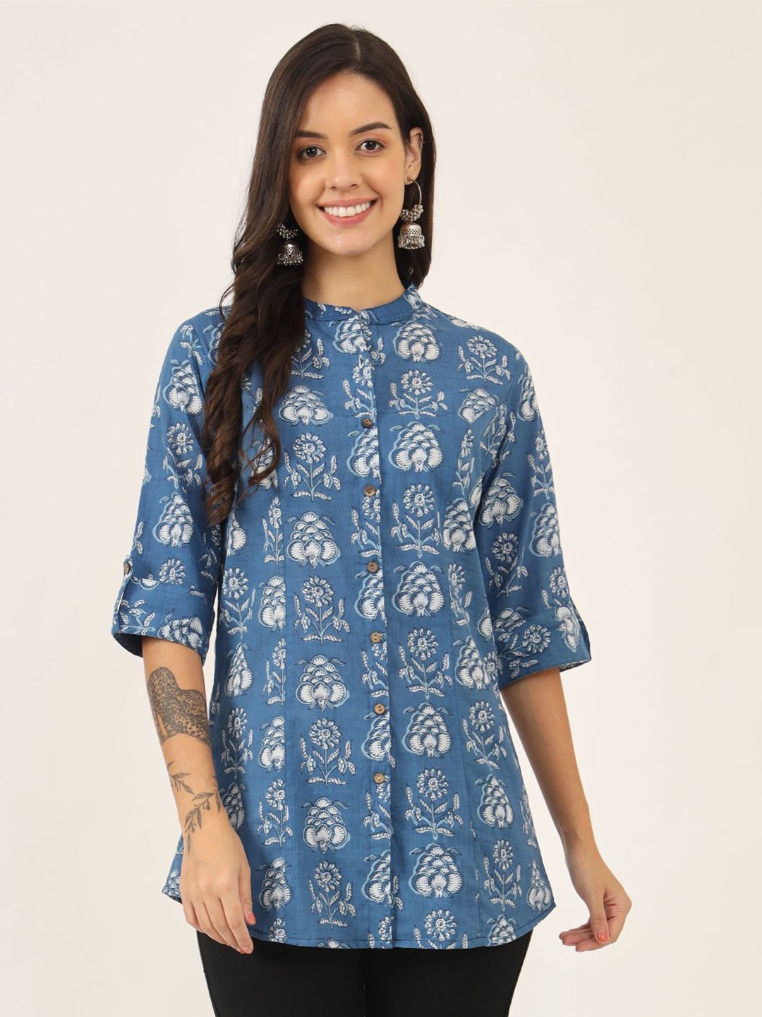 

BAESD Floral Printed Mandarin Collar Roll-Up Sleeves Cotton Top, Blue