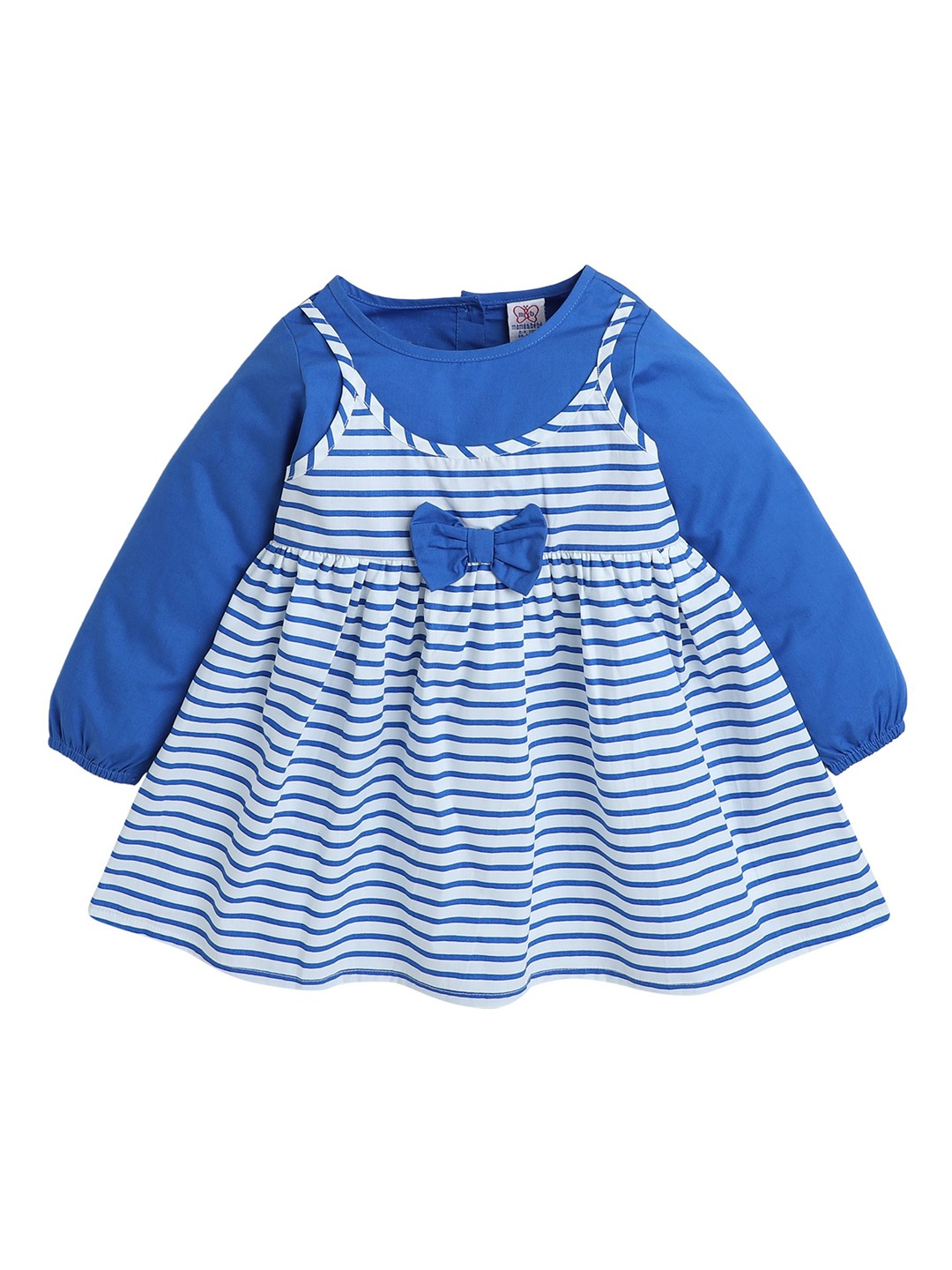 

mama & bebe Girls Striped Pure Cotton Fit & Flare Dress With Bow, Blue