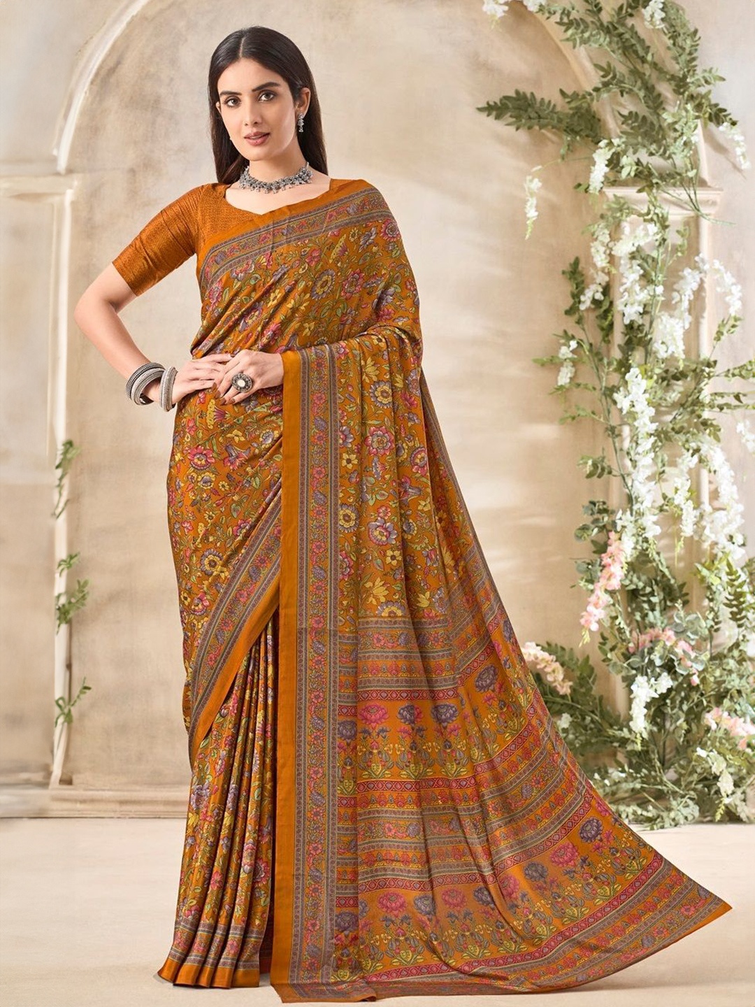 

DURGA EMPORIO Floral Pure Crepe Saree, Mustard