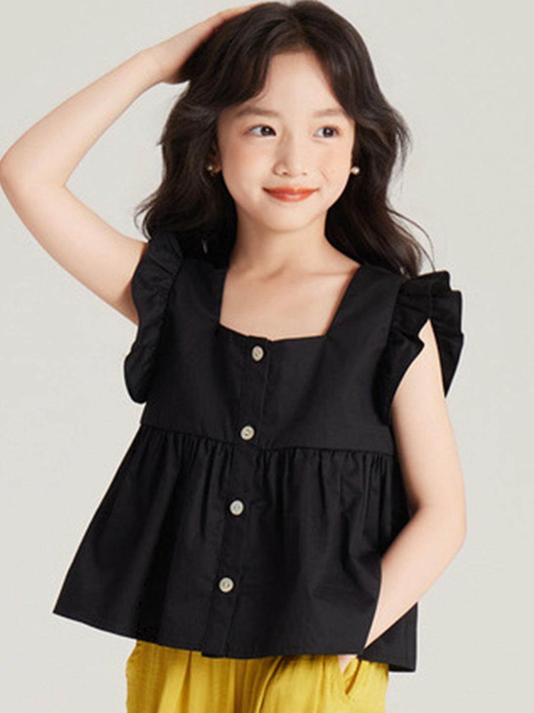 

LULU & SKY Girls Flutter Sleeve Cotton A-Line Top, Black