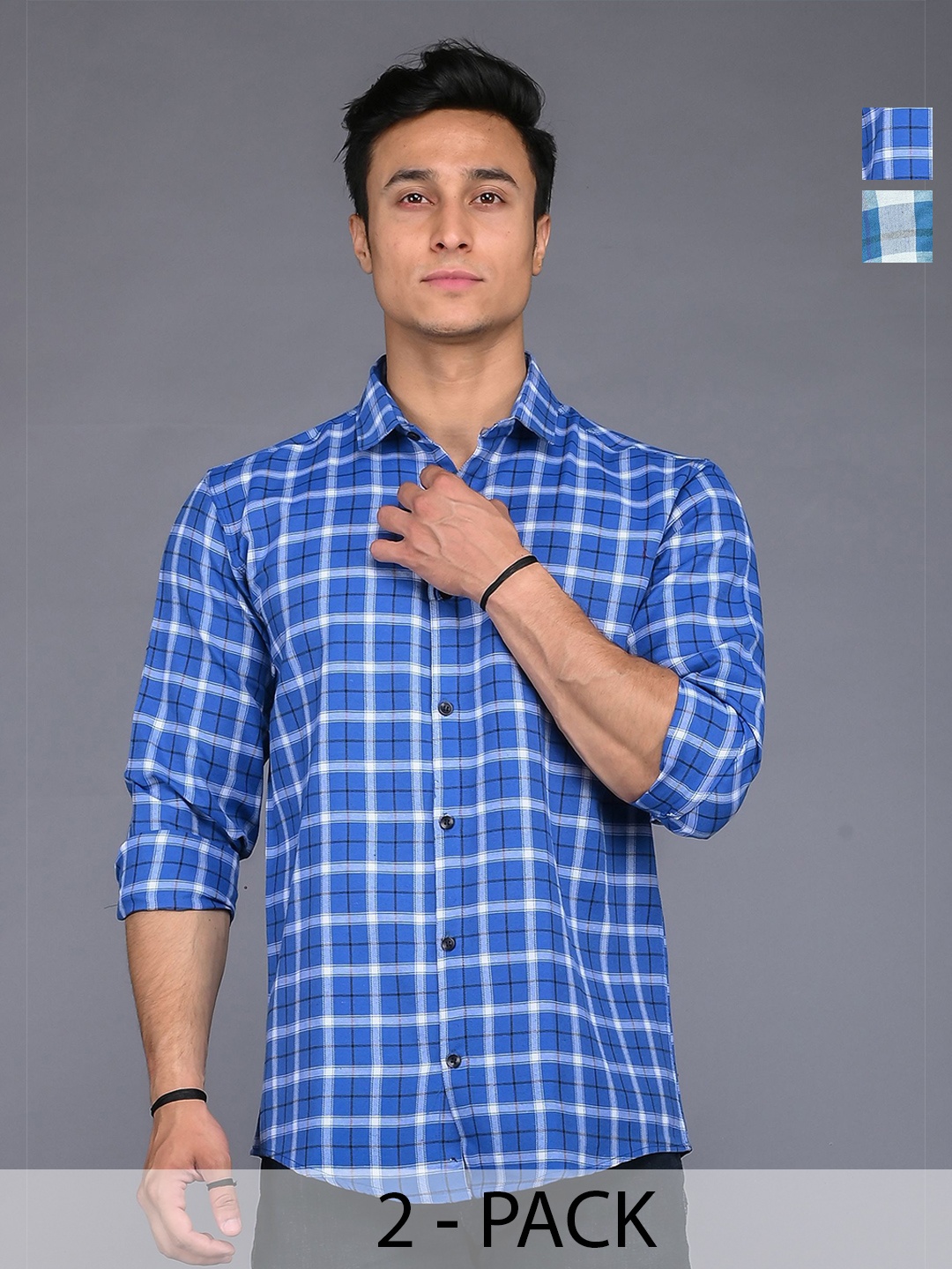 

Tanip Men Pack Of 2 Spread Collar Tartan Checked Cotton Casual Shirts, Blue