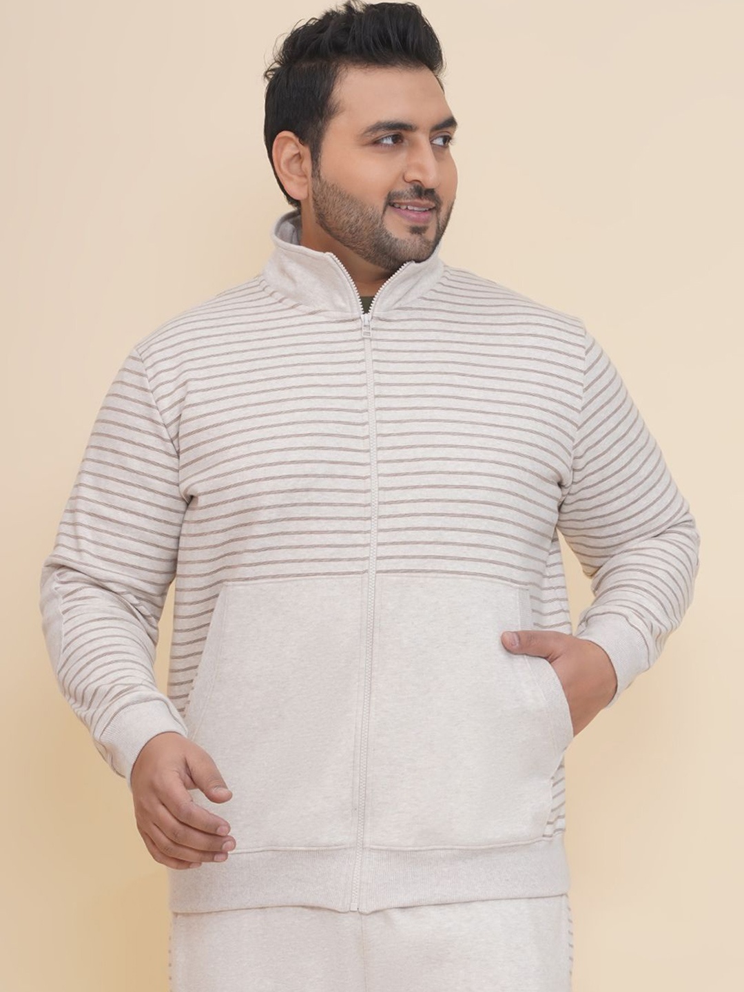 

John Pride Men Plus Size Striped Cotton Sweatshirt, Cream