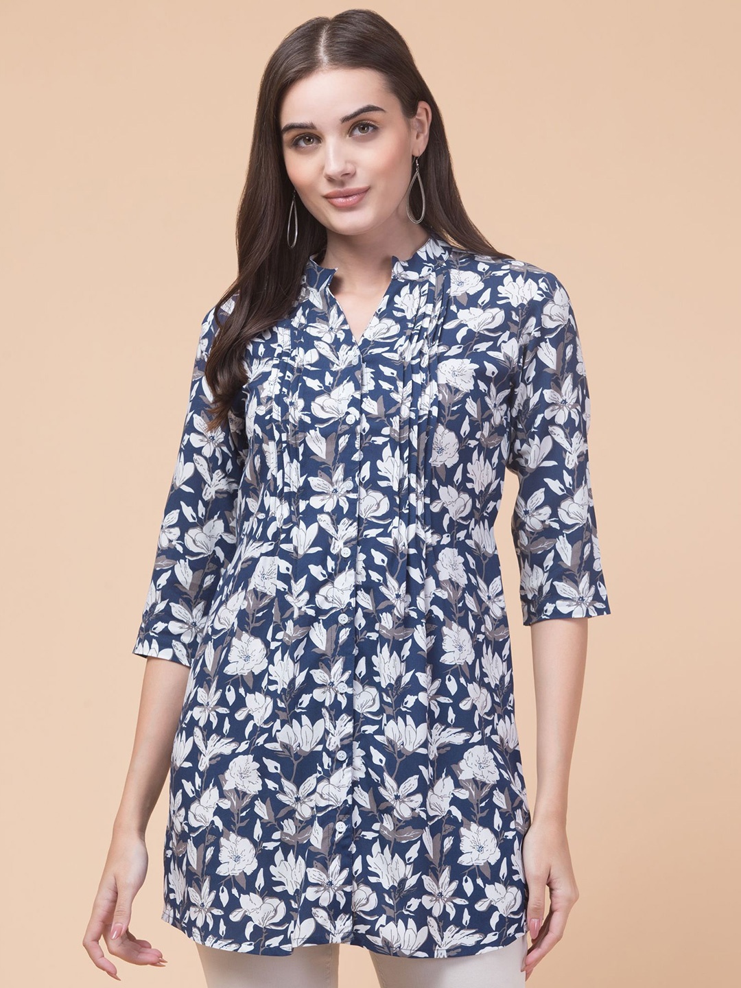 

Hive91 Women Mandarin Collar Printed Tunic, Navy blue