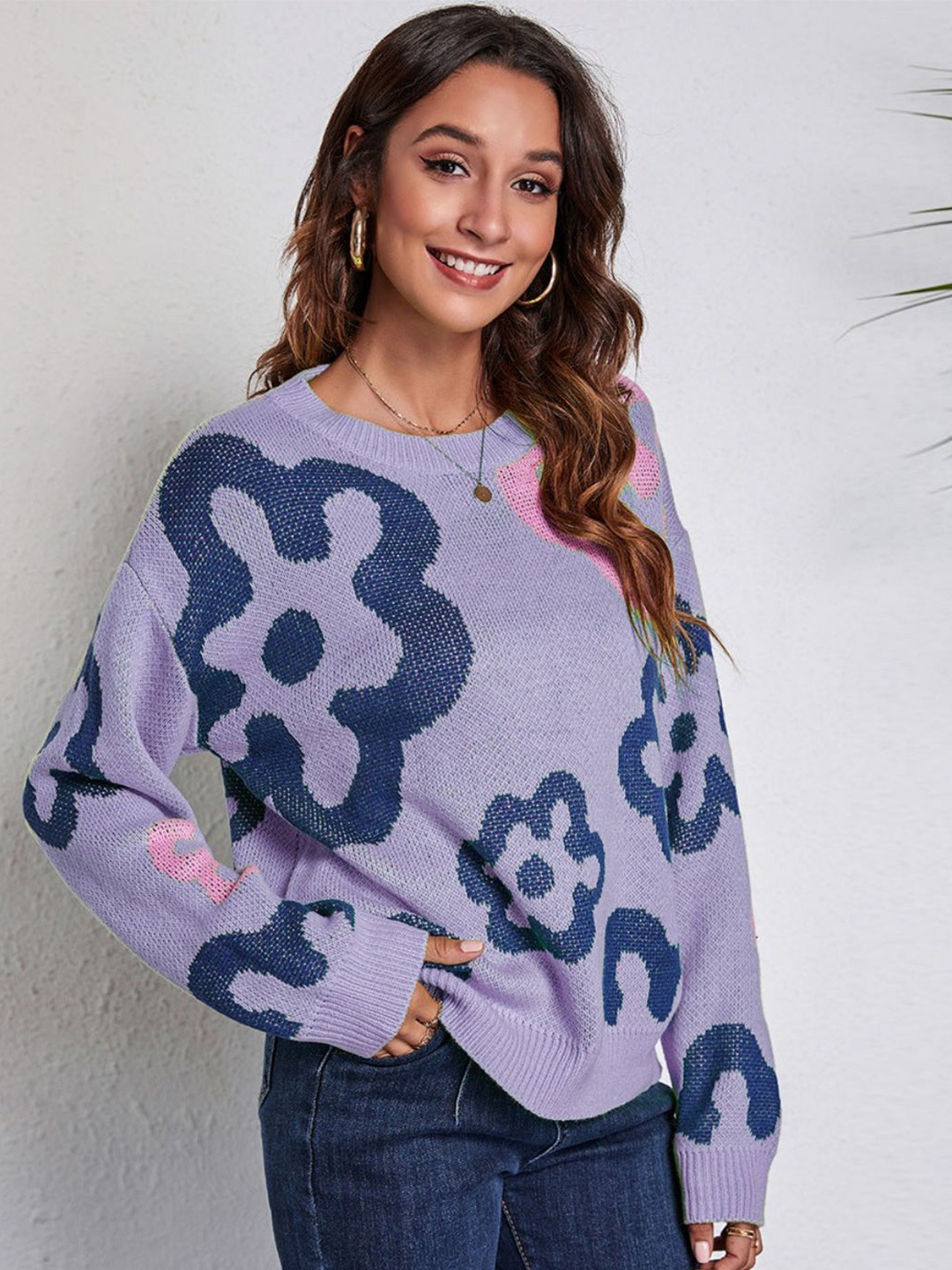 

Oh Rare Women Floral Printed Round Neck Pullover, Purple