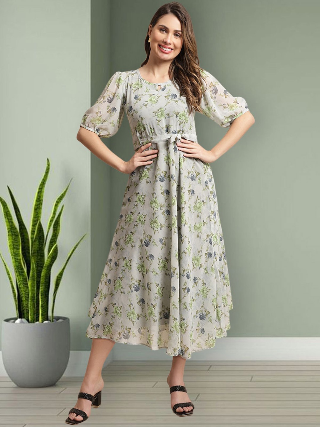 

Mast & Harbour Women Floral Printed Puff Sleeve Georgette Fit & Flare Midi Dress, Green