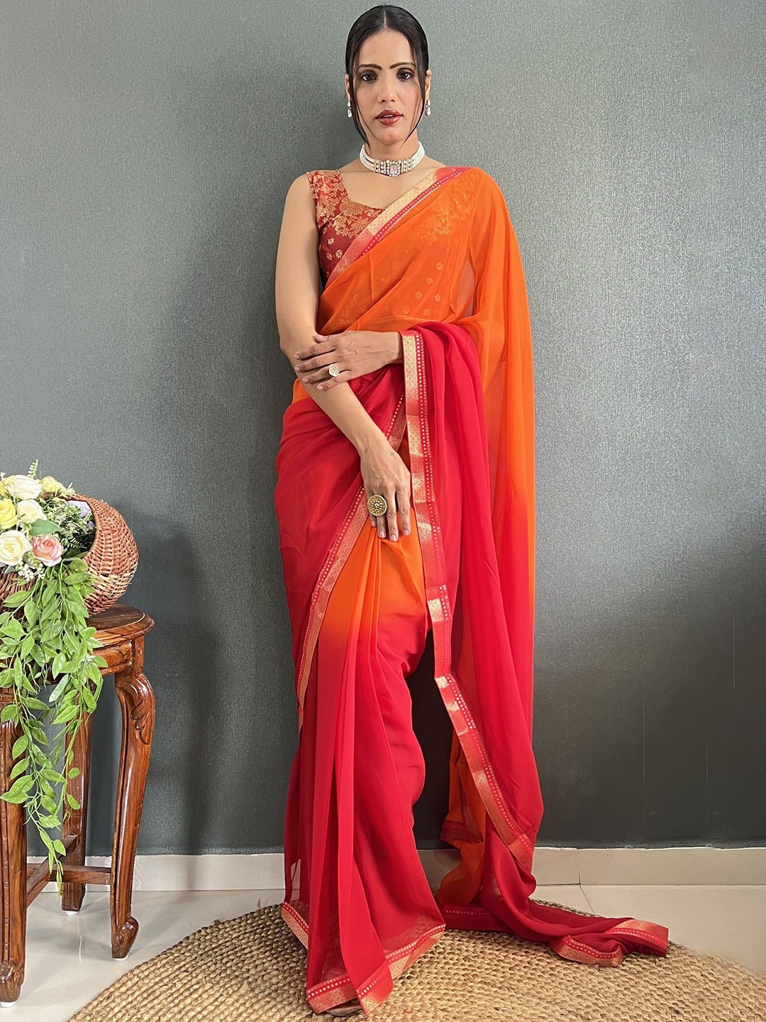 

A TO Z CART Ombre Pure Georgette Saree, Red