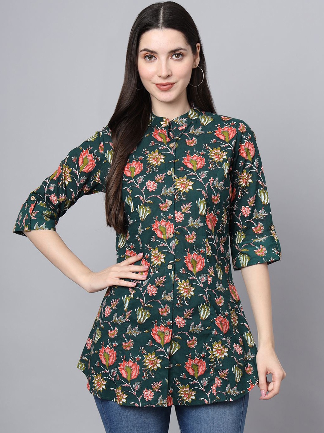 

BAESD Women Floral Print Mandarin Collar Roll-Up Sleeves Cotton Shirt Style Top, Green
