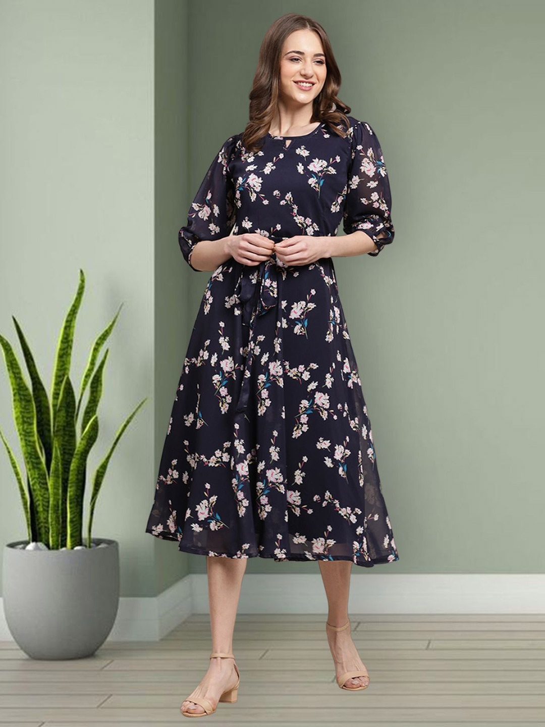 

Mast & Harbour Women Floral Printed Fit & Flare Midi Dress, Blue