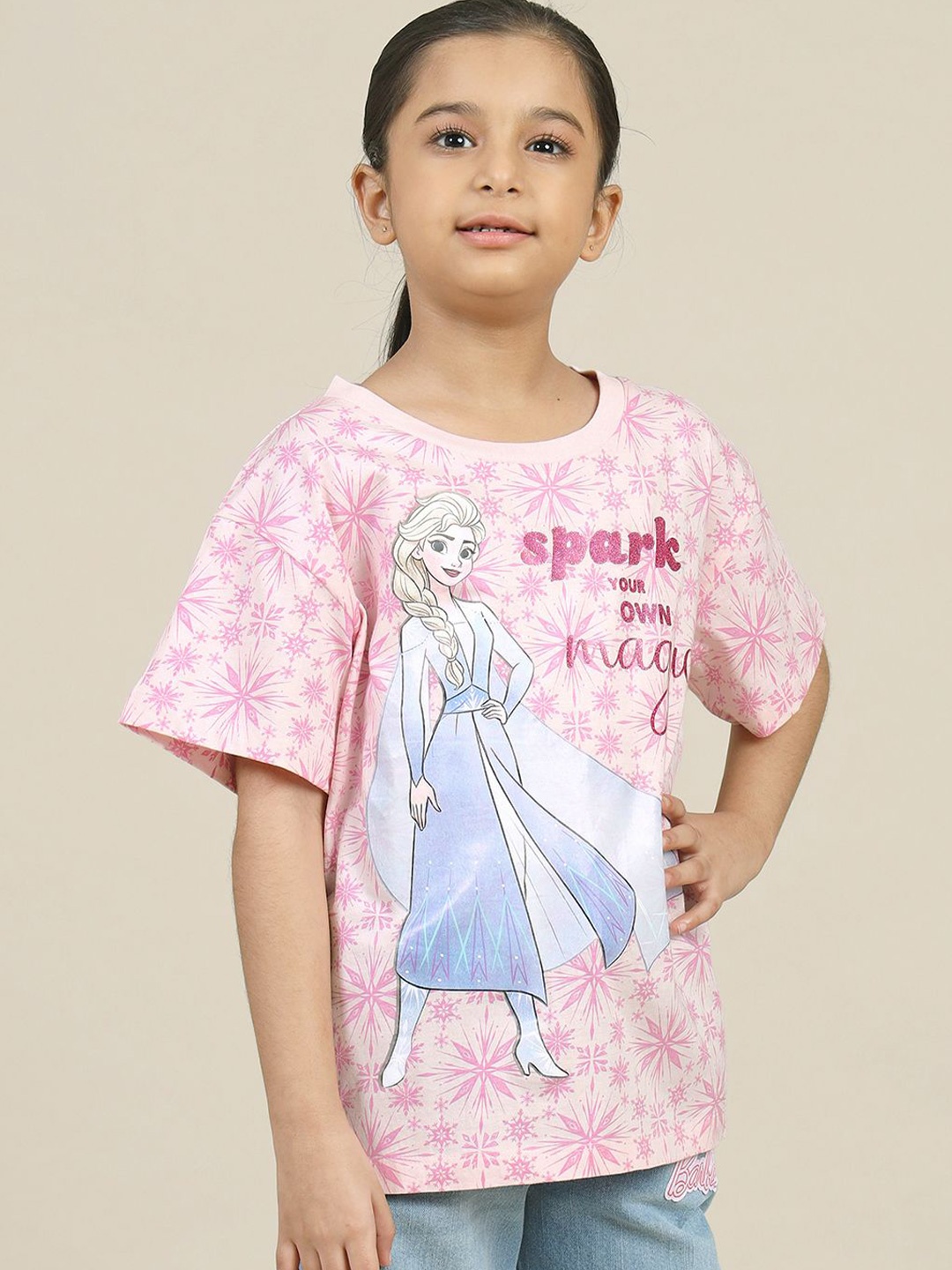 

Kids Ville Girls Frozen Graphic Printed Round Neck Cotton Oversized T-shirt, White