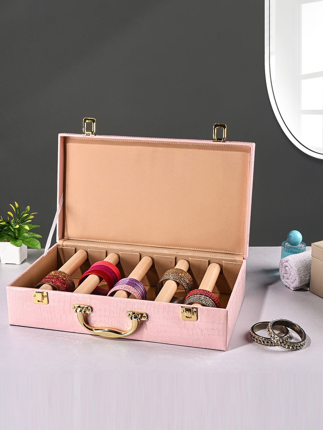 

Kuber Industries Pink & Maroon 2 Pieces Printed Faux Leather 5 Rod Bangle Box Organisers
