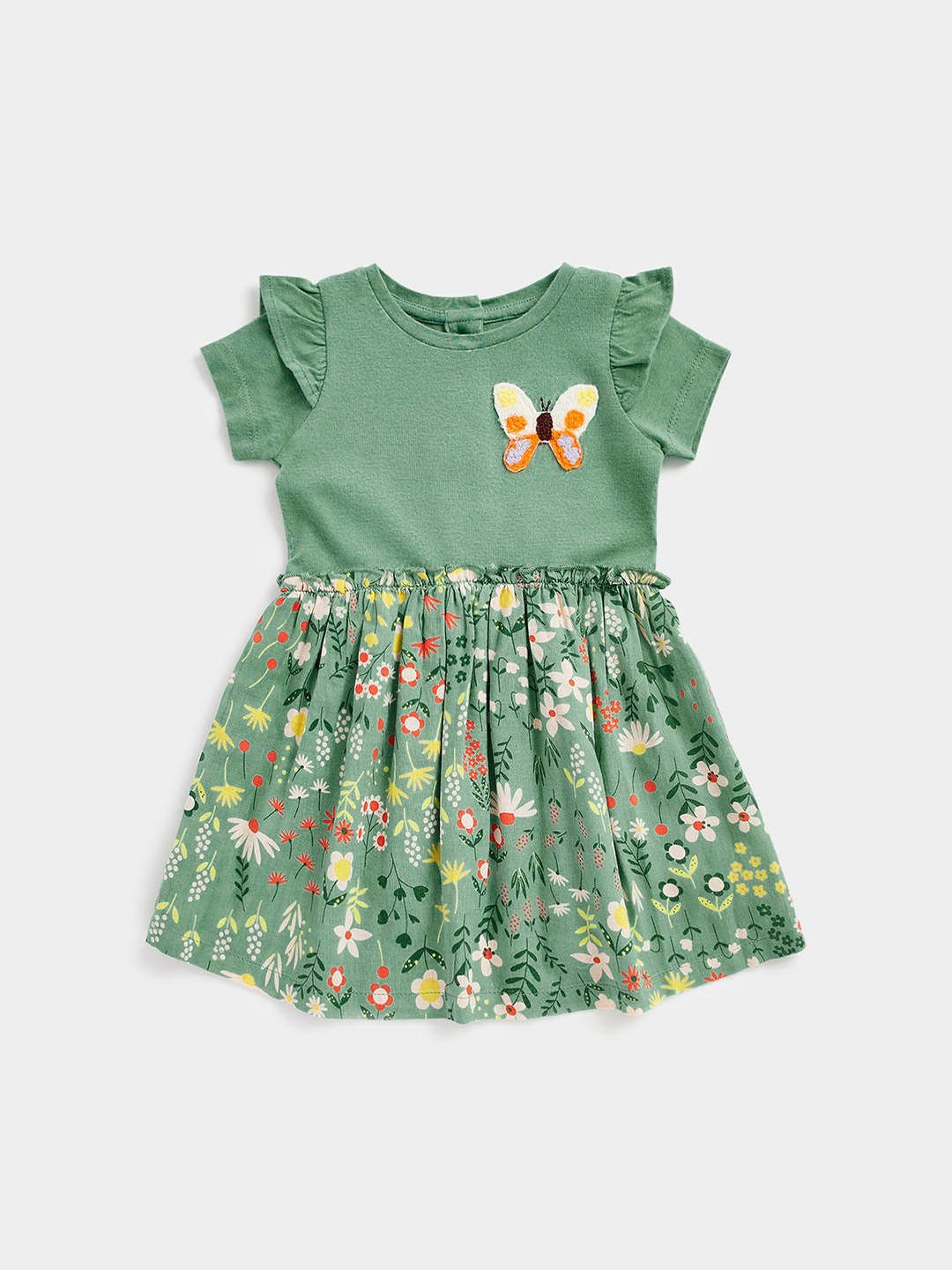 

mothercare Floral Printed Round Neck Organic Cotton Fit and Flare Dress, Green