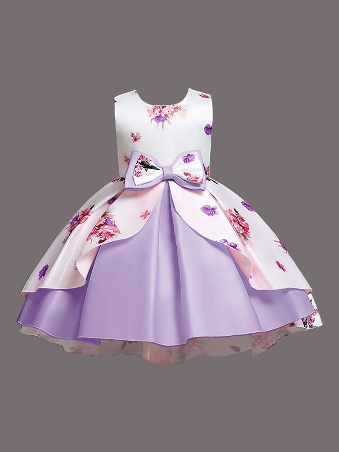 

SHRVAAY GROUP Girls Floral Printed Satin Fit and Flare Maxi Dress, Lavender