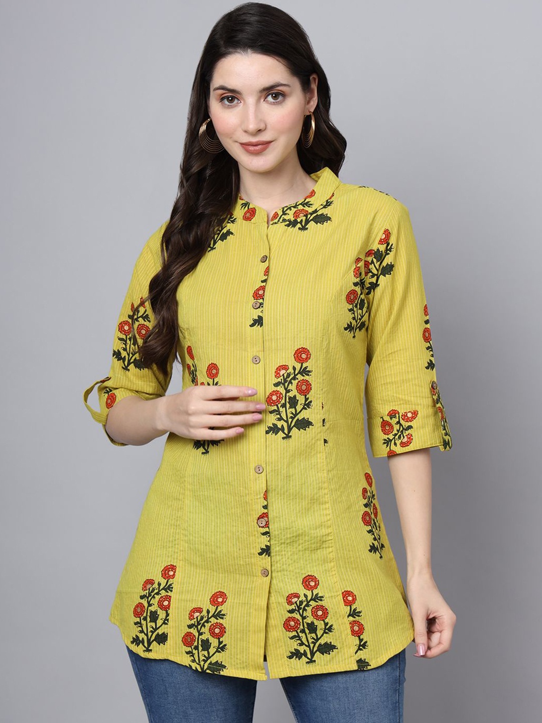 

BAESD Women Floral Printed Mandarin Collar Roll-Up Sleeves Ethnic Cotton Top, Yellow