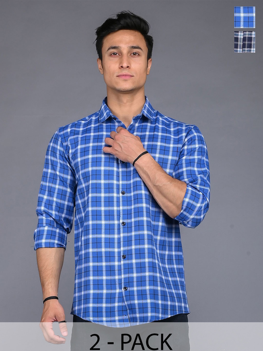

Tanip Men Pack Of 2 Spread Collar Tartan Checked Cotton Casual Shirts, Blue