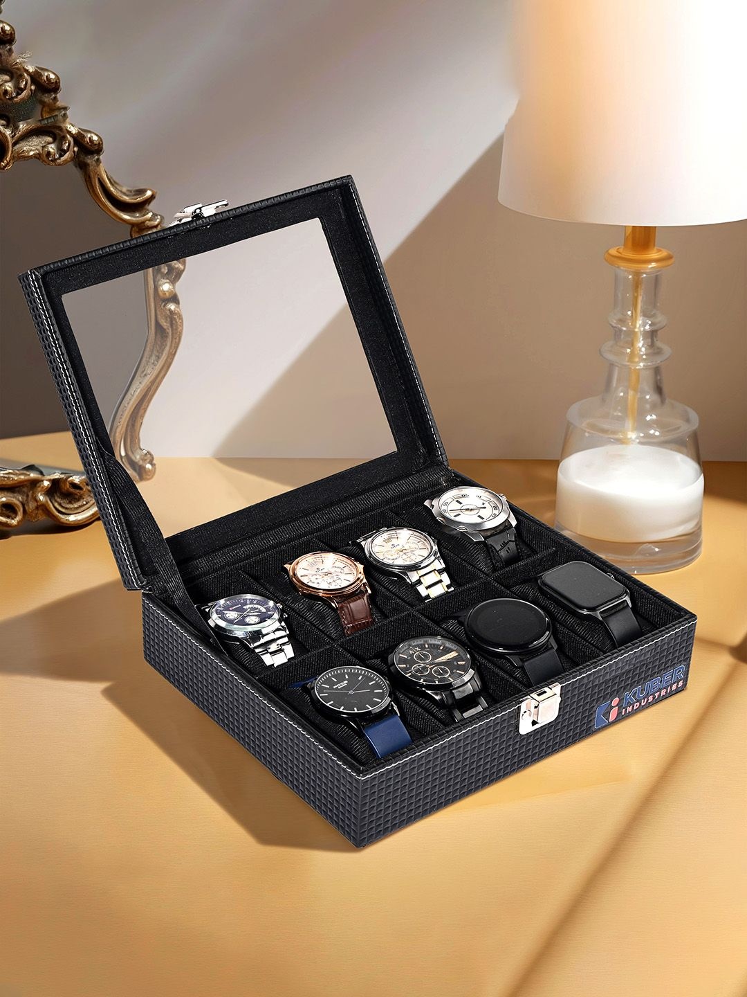 

Kuber Industries Black Faux Leather 8 Slots Watch Organiser