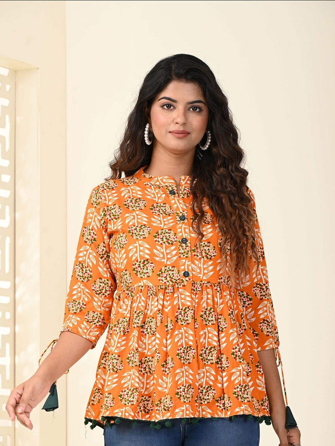 

SAADGEE Floral Print Mandarin Collar Cotton Peplum Top, Orange