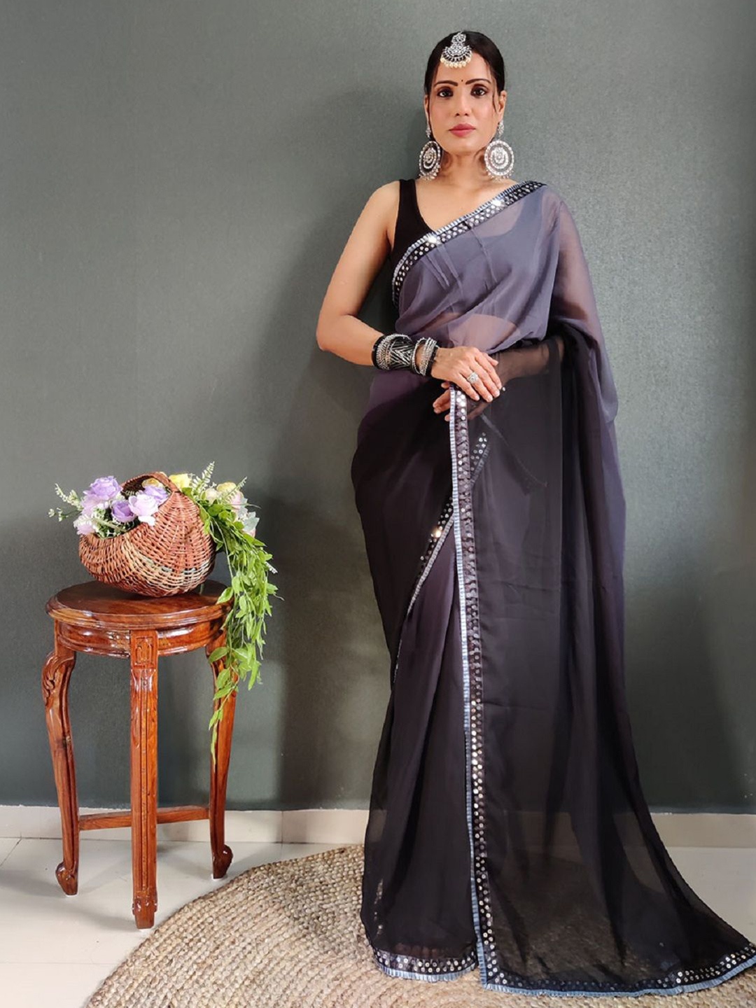 

A TO Z CART Ombre Sequinned Pure Georgette Ready to Wear Saree, Grey