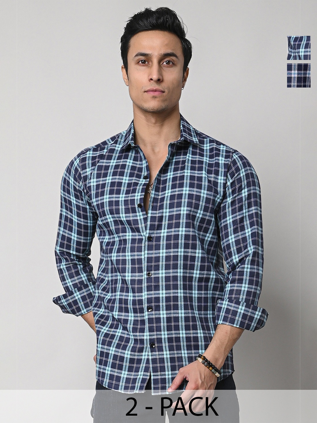 

Tanip Men Pack Of 2 Spread Collar Tartan Checked Cotton Casual Shirts, Navy blue