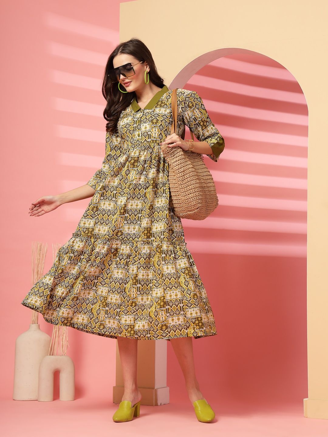 

Indibelle Women Ethnic Motifs Printed Cotton Fit and Flare Midi Dress, Olive